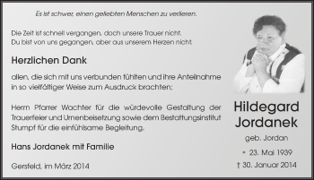 Traueranzeige von Hildegard Jordanek 