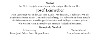 Traueranzeige von Josef Leinweber 