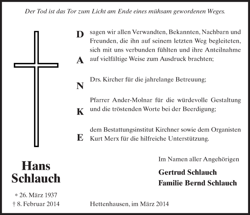  Traueranzeige für Hans Schlauch vom 15.03.2014 aus 