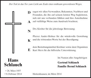Traueranzeige von Hans Schlauch 