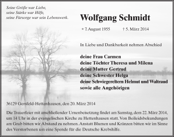 Traueranzeige von Wolfgang Schmidt 