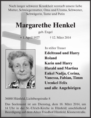 Traueranzeige von Margarethe Henkel 