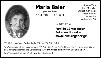 Traueranzeige von Maria Baier 