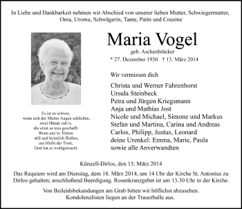 Traueranzeige von Maria Vogel 