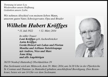 Traueranzeige von Wilhelm Hubert Kröffges 