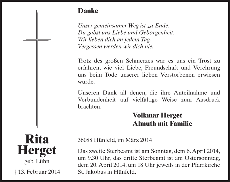  Traueranzeige für Rita Herget vom 18.03.2014 aus 