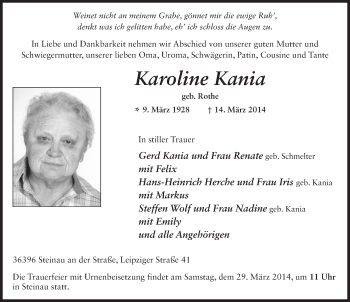 Traueranzeige von Karoline Kania 