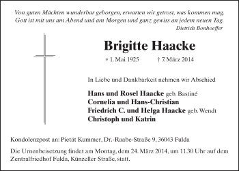 Traueranzeige von Brigitte Haacke 