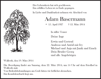 Traueranzeige von Adam Basermann 