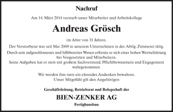 Traueranzeige von Andreas Grösch 