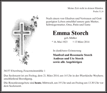 Traueranzeige von Emma Storch 