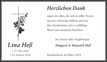 Traueranzeige von Lina Heß 