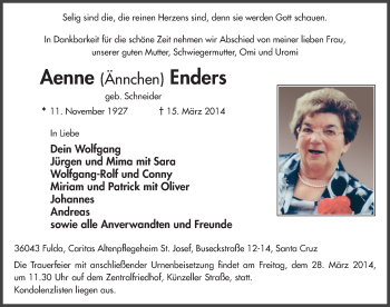 Traueranzeige von Aenne Enders 