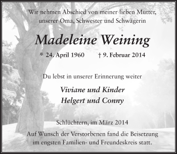 Traueranzeige von Madeleine Weining 
