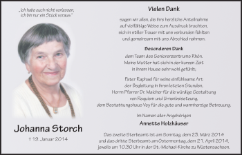 Traueranzeige von Johanna Storch 