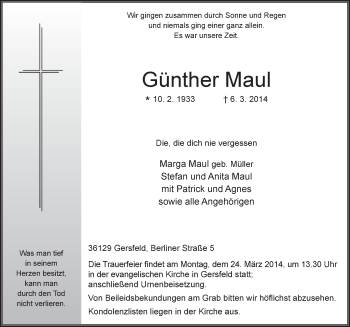 Traueranzeige von Günther Maul 