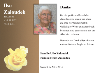 Traueranzeige von Ilse Zaloudek 