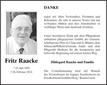 Traueranzeige von Fritz Raacke 