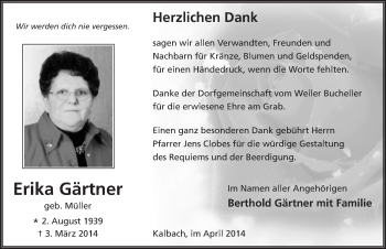 Traueranzeige von Erika Gärtner 
