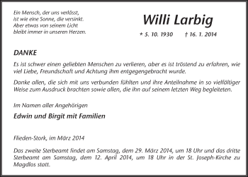 Traueranzeige von Willi Larbig 