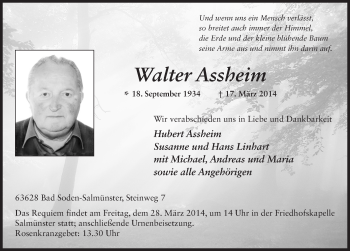 Traueranzeige von Walter Assheim 
