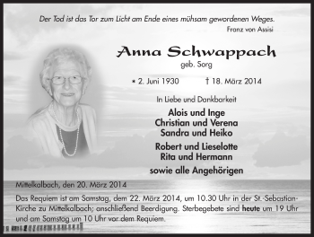 Traueranzeige von Anna Schwappach 