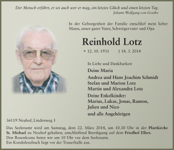 Traueranzeige von Reinhold Lotz 