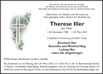 Traueranzeige von Therese Iller 