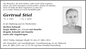 Traueranzeige von Gertrud Stiel 