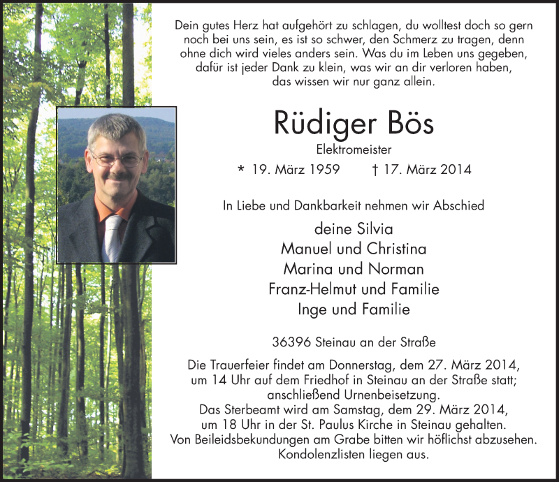  Traueranzeige für Rüdiger Bös vom 22.03.2014 aus 