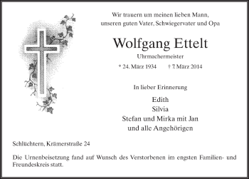 Traueranzeige von Wolfgang Ettelt 