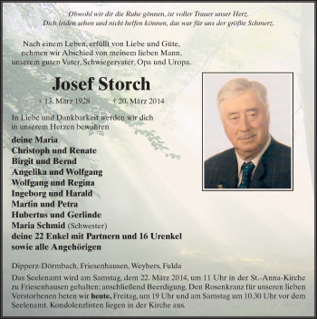 Traueranzeige von Josef Storch 