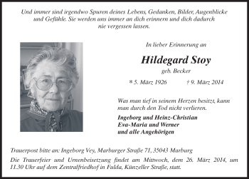 Traueranzeige von Hildegard Stoy 