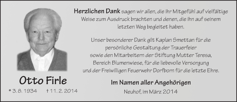  Traueranzeige für Otto Firle vom 22.03.2014 aus 