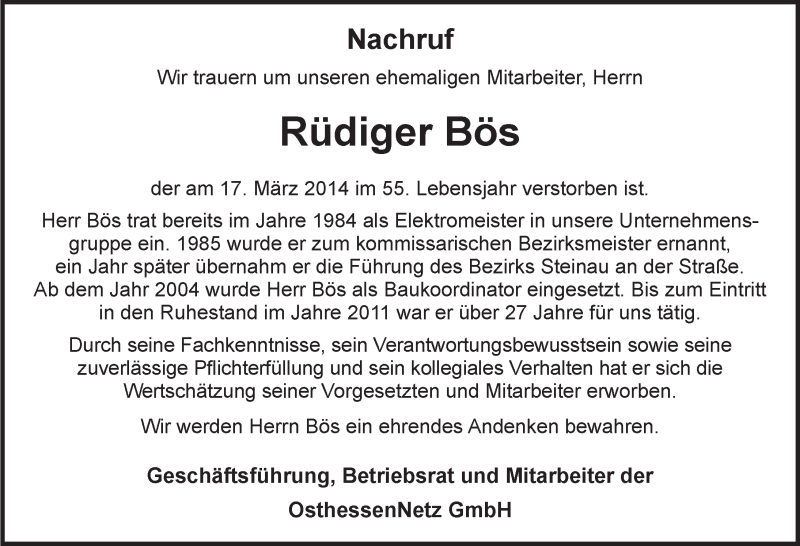  Traueranzeige für Rüdiger Bös vom 22.03.2014 aus 