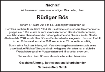 Traueranzeige von Rüdiger Bös 