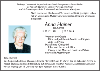 Traueranzeige von Anna Hainer 