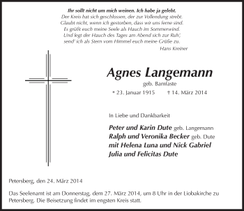 Traueranzeige von Agnes Langemann 