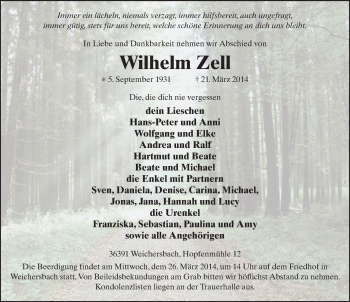Traueranzeige von Wilhelm Zell 