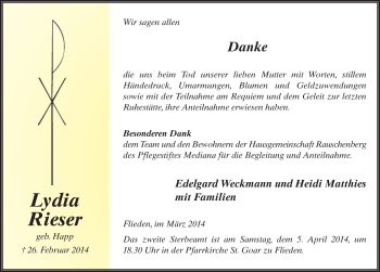 Traueranzeige von Lydia Rieser 