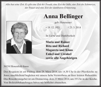 Traueranzeige von Anna Bellinger 