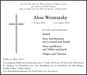 Traueranzeige von Alois Wostratzky 