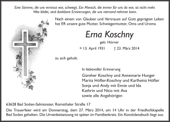 Traueranzeige von Erna Koschny 