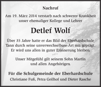 Traueranzeige von Detlef Wolf 