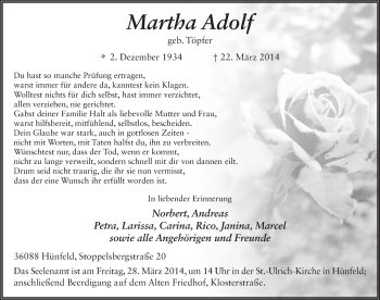 Traueranzeige von Martha Adolf 