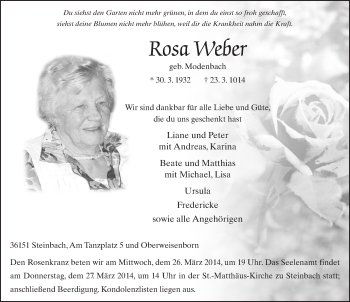 Traueranzeige von Rosa Weber 