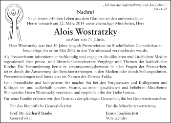 Traueranzeige von Alois Wostratzky 