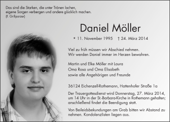 Traueranzeige von Daniel Möller 