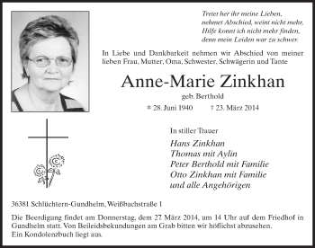 Traueranzeige von Anne-Marie Zinkhan 