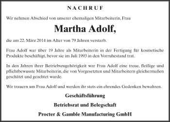 Traueranzeige von Martha Adolf 